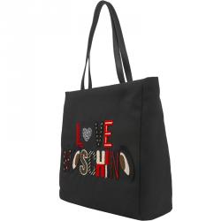 Pre Owned Love Moschino Black Canvas Logo Embroidered Shopping Tote