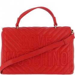 Pre Owned Love Moschino Red Quilted Leather Logo Top Handle Bag