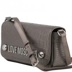 Pre Owned Love Moschino Grey Faux Croc Embossed Leather Crossbody Bag