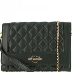 Pre Owned Love Moschino Dark Green Quilted Leather Wristlet Chain Clutch Bag