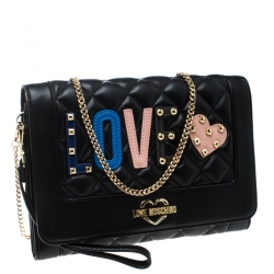 Pre Owned Love Moschino Black Quilted Synthetic Leather Love Chain Flap Shoulder Bag