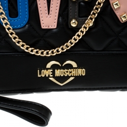 Pre Owned Love Moschino Black Quilted Synthetic Leather Love Chain Flap Shoulder Bag