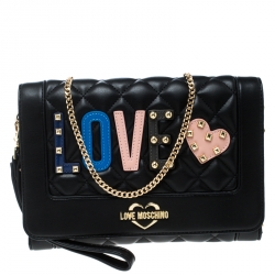 Pre Owned Love Moschino Black Quilted Synthetic Leather Love Chain Flap Shoulder Bag