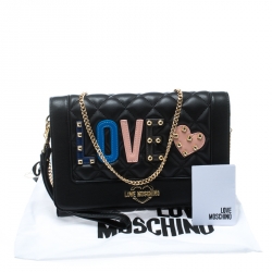 Pre Owned Love Moschino Black Quilted Synthetic Leather Love Chain Flap Shoulder Bag