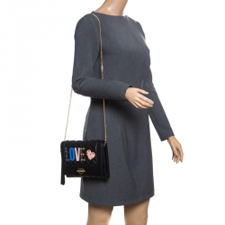 Pre Owned Love Moschino Black Quilted Synthetic Leather Love Chain Flap Shoulder Bag