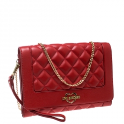 Love Moschino Red Quilted Leather Wristlet Chain Clutch Bag