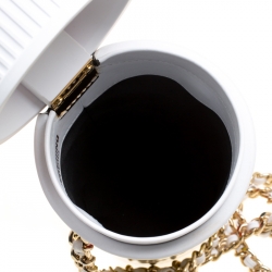 Pre Owned Moschino White Capsule Printed Patent Leather Pill Bottle Crossbody Bag