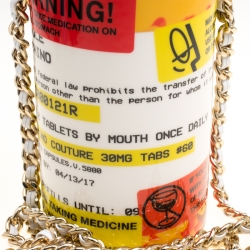 Pre Owned Moschino White Capsule Printed Patent Leather Pill Bottle Crossbody Bag