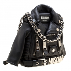 Pre Owned Moschino Black Leather Biker Jacket Shoulder Bag
