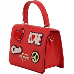 Pre Owned Love Moschino Red Faux Leather Embellished Top Handle Bag