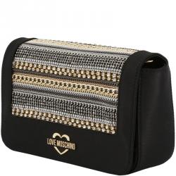 Pre Owned Love Moschino Black Faux Leather Embellished WOC Clutch Bag