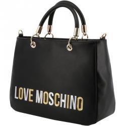Pre Owned Love Moschino Black Faux Leather Applique Top Handle Bag