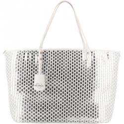 Pre Owned Love Moschino White and Silver Faux Leather Applique Shopping Tote