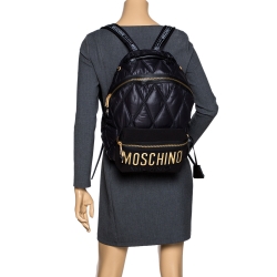 Pre Owned Moschino Black Quilted Nylon Logo Backpack