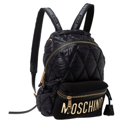 Pre Owned Moschino Black Quilted Nylon and Neoprene Logo Backpack