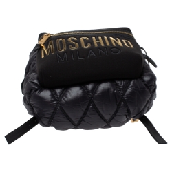 Pre Owned Moschino Black Quilted Nylon and Neoprene Logo Backpack