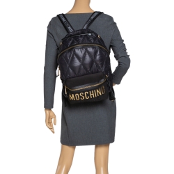 Pre Owned Moschino Black Quilted Nylon and Neoprene Logo Backpack