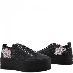 Pre Owned Love Moschino Black Glitter and Leather Platform Sneakers Size 39