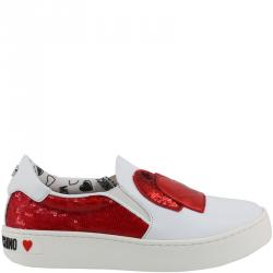 Pre Owned Love Moschino White/Red Faux Leather and Sequins Slip On Sneakers Size 38