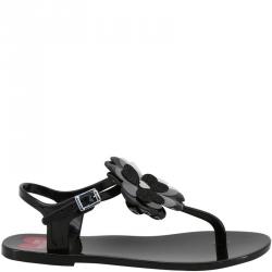 Pre Owned Love Moschino Black Rubber Flower Flat Thong Sandals Size 39