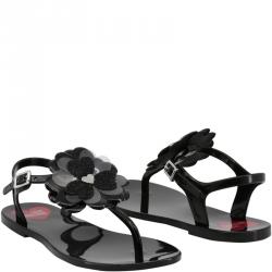 Pre Owned Love Moschino Black Rubber Flower Flat Thong Sandals Size 39