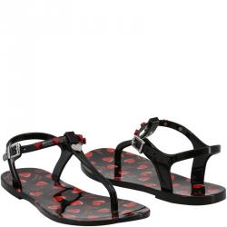 Pre Owned Love Moschino Black Heart Print Rubber Flat Thong Sandals Size 39