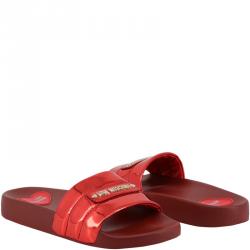 Pre Owned Love Moschino Red Rubber Flat Slides Size 41