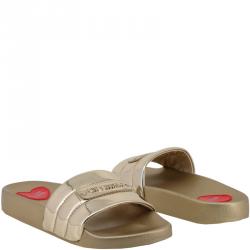 Pre Owned Love Moschino Metallic Beige Rubber Flat Slides Size 37