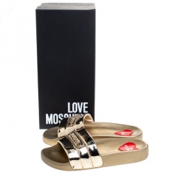 Pre Owned Love Moschino Metallic Gold Faux Leather Flat Slides Size 35