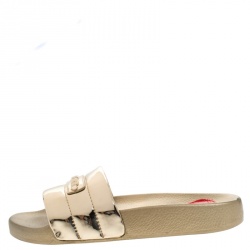 Pre Owned Love Moschino Metallic Gold Faux Leather Flat Slides Size 35