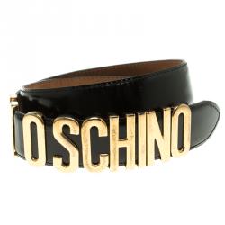 مملوكة مسبقًا Moschino Glossy Black Leather Redwall Logo Belt 100cm