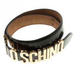مملوكة مسبقًا Moschino Glossy Black Leather Redwall Logo Belt 100cm