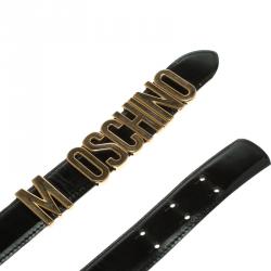 مملوكة مسبقًا Moschino Glossy Black Leather Redwall Logo Belt 100cm