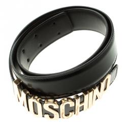 Pre Owned حزام موسكينو شعار جلد لامع أسود 115 سم