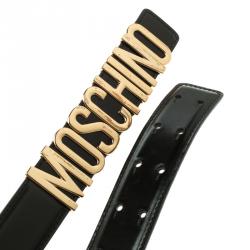 Pre Owned حزام موسكينو شعار جلد لامع أسود 115 سم