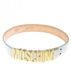 Pre Owned Moschino White Leather Logo Belt 38CM