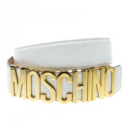 Pre Owned Moschino White Leather Logo Belt 38CM