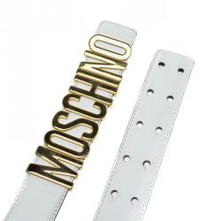 Pre Owned Moschino White Leather Logo Belt 38CM