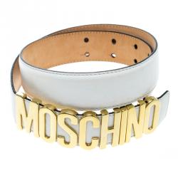 Pre Owned Moschino White Leather Logo Belt 38CM