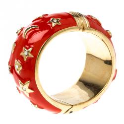 Moschino Red Enamel Moon and Stars Wide Bangle Bracelet