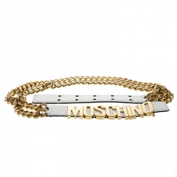 Pre Owned Moschino White Leather 30th Anniversary Chain Belt 95cm