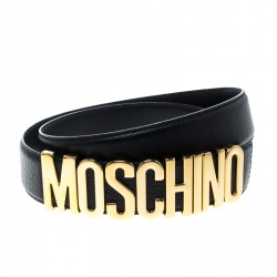 Pre Owned Moschino Black Grain Leather Logo Belt 115cm