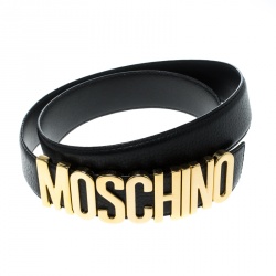 Pre Owned Moschino Black Grain Leather Logo Belt 115cm