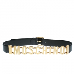 Pre Owned Moschino Black Leather Logo Chain Belt 100 CM