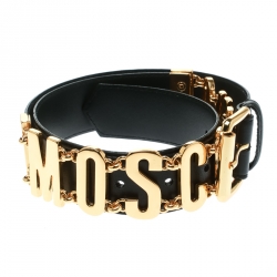 Pre Owned Moschino Black Leather Logo Chain Belt 100 CM