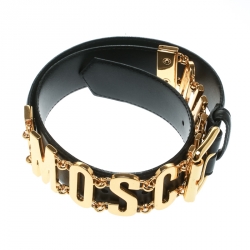 Pre Owned Moschino Black Leather Logo Chain Belt 100 CM
