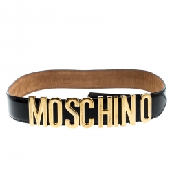 Pre Owned Moschino Glossy Black Leather Redwall Logo Belt 85cm