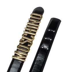 Pre Owned Moschino Glossy Black Leather Redwall Logo Belt 85cm