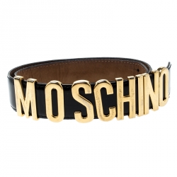 Pre Owned Moschino Glossy Black Leather Redwall Logo Belt 85cm