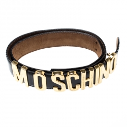 Pre Owned Moschino Glossy Black Leather Redwall Logo Belt 85cm